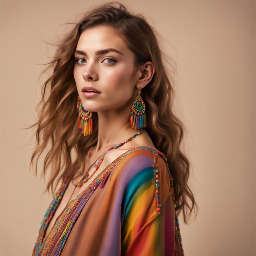 Boho Model Portrait in Studio Lighting, Hyperrealistic