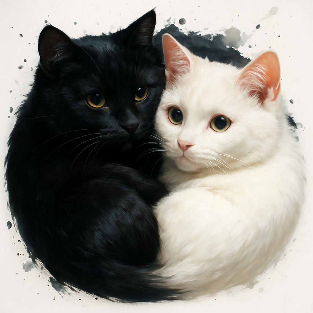 Yin Yang Cats Cuddling in Hyperrealistic Splash Art