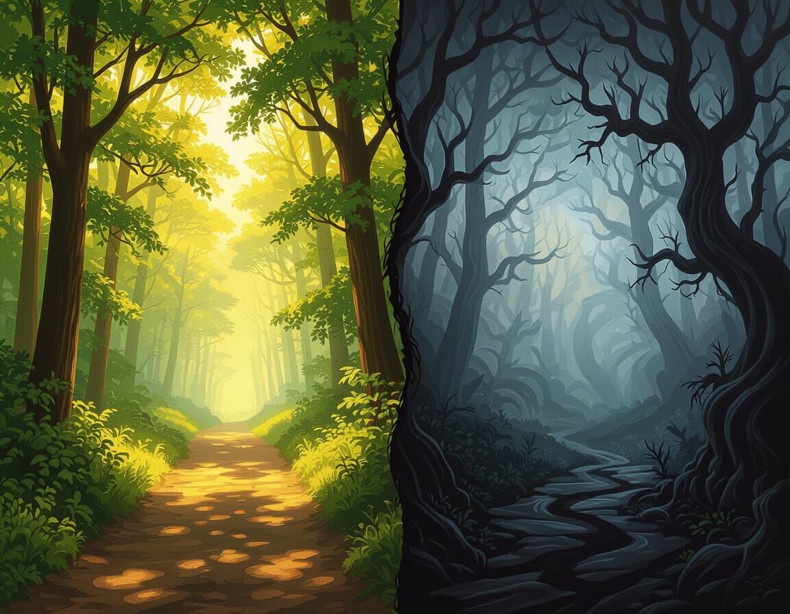 Contrasting Forest Paths: Light vs. Dark