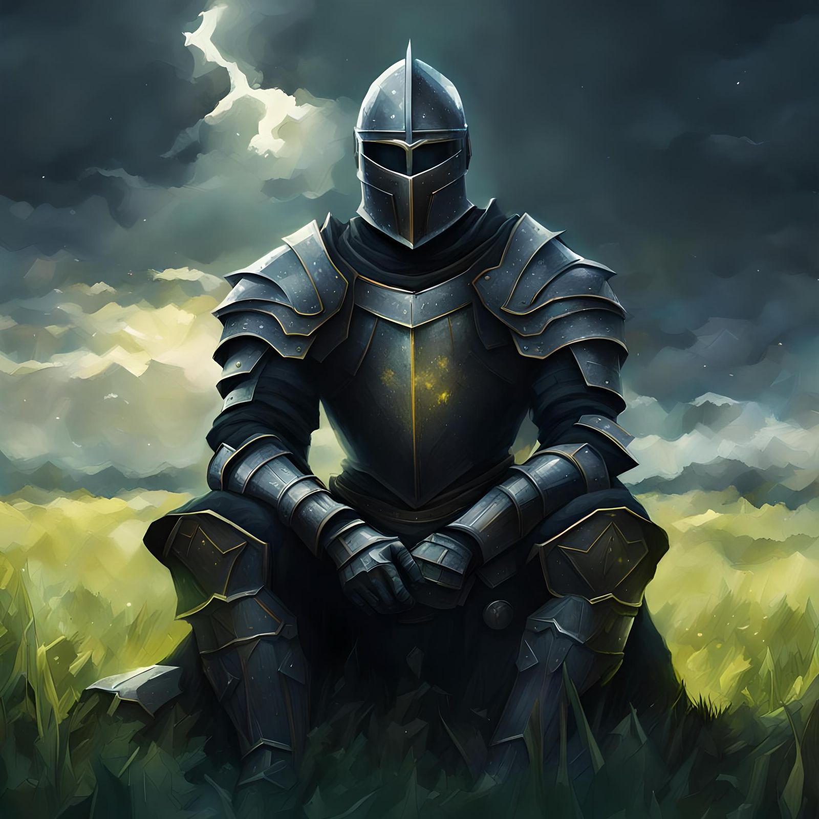 Pensive Knight in Greensward, Dark Fantasy Concept Art