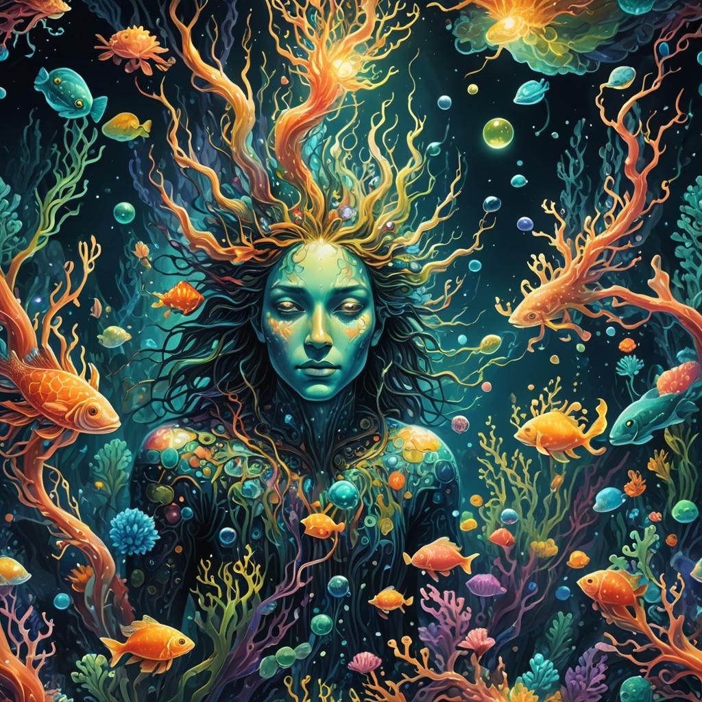 Ethereal Being in Bioluminescent Underwater Abyss