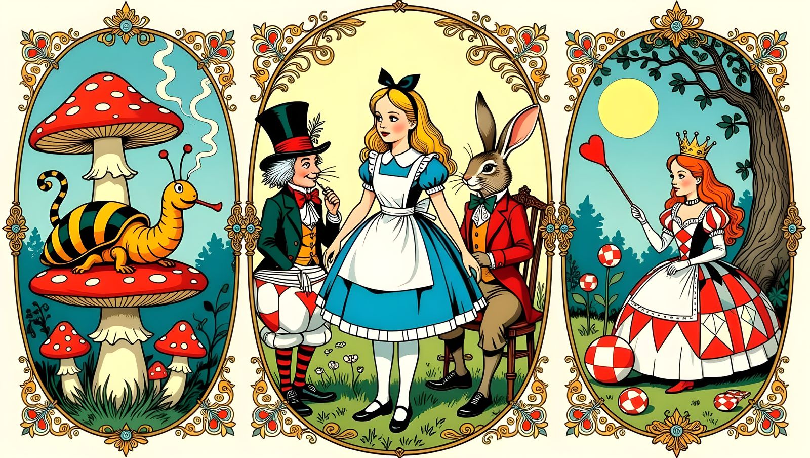 Alice in Wonderland Triptych in Classic Illustration Style