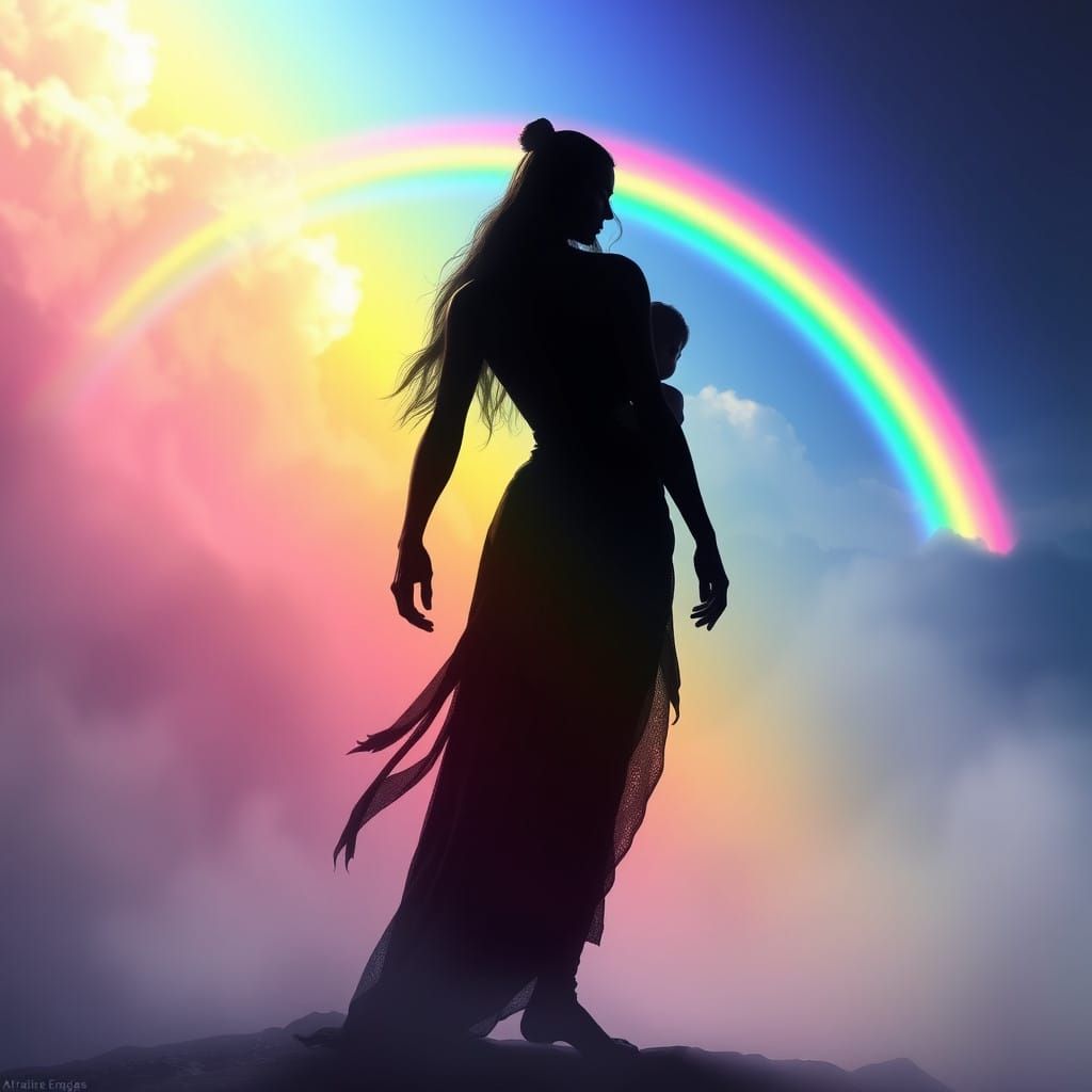 Fantasy Concept Art of Mother and Child in Rainbow Hues