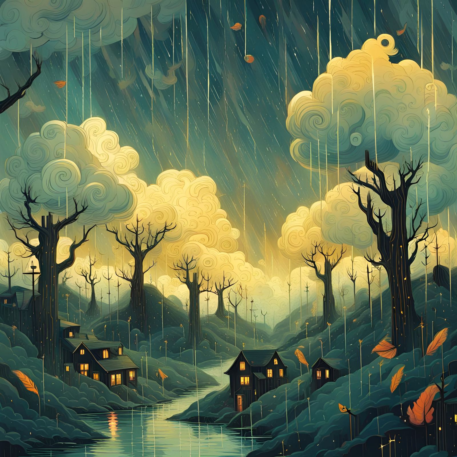 Surreal Whimsical Thunderstorm in Illustrative Style