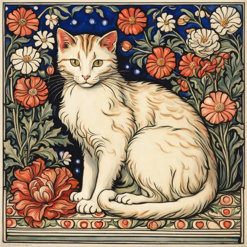 Cute Cat Surrounded by Flowers in Arts and Crafts Style