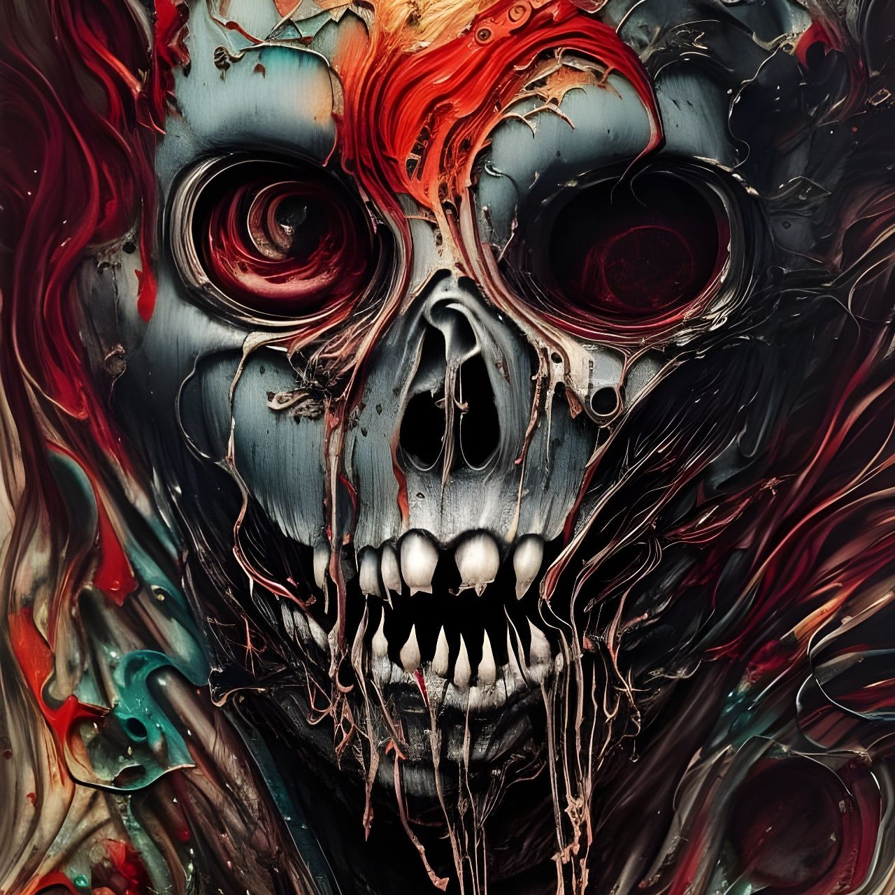Cyberpunk Skull with Oil Splash in Gouache Style