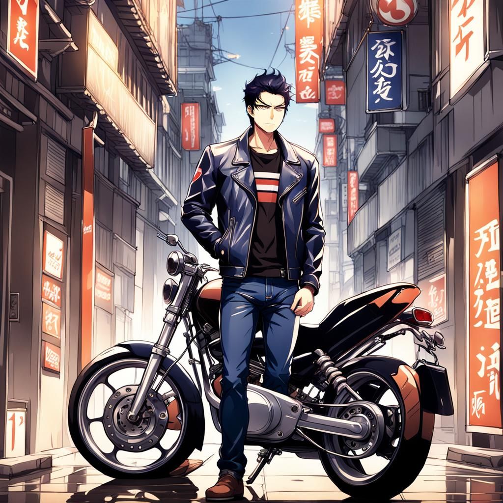 Man in Leather Jacket beside Motorcycle, Anime Style