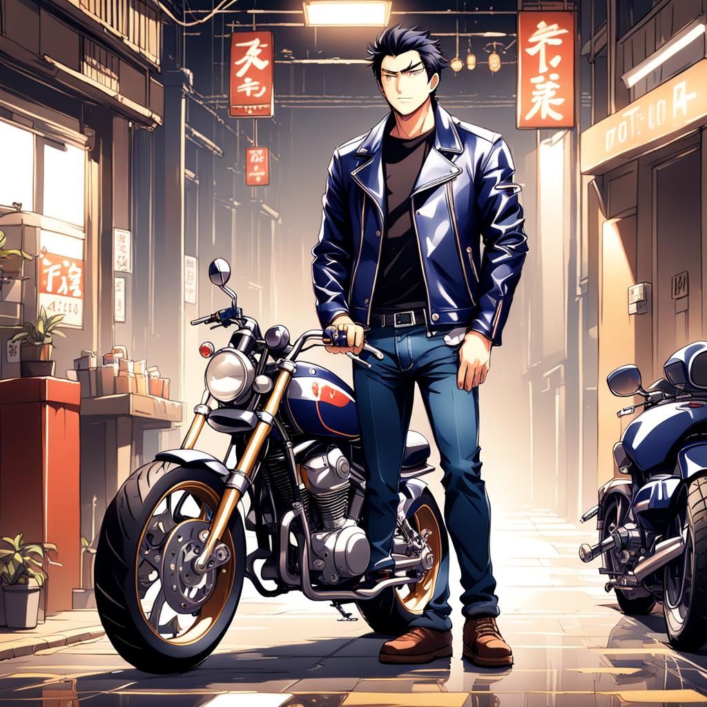 Man in Leather Jacket: Anime-Style Motorcycle Portrait