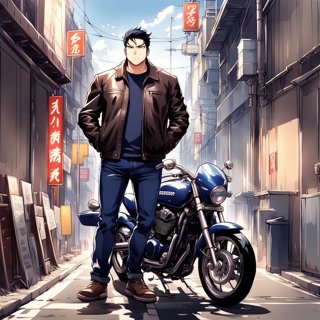 Man in Leather Jacket Beside Motorcycle: Anime Style