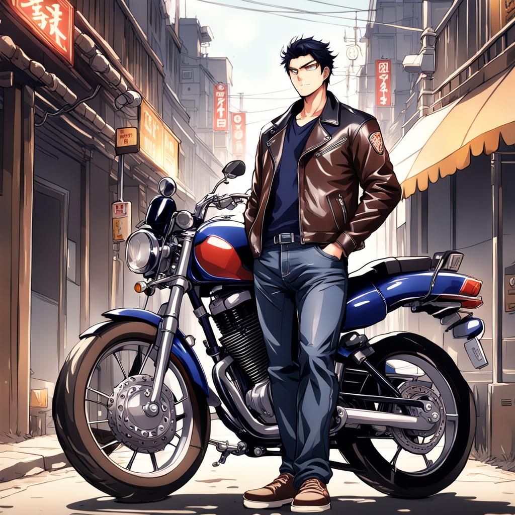 Man in Leather Jacket Beside Motorcycle, Anime Style
