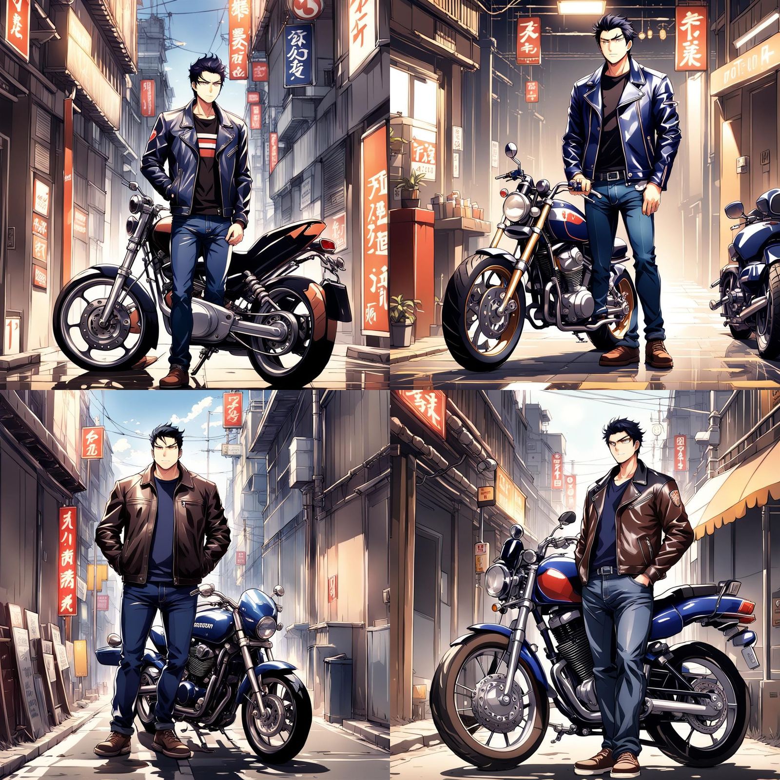 Man Beside Motorcycle in Anime Style