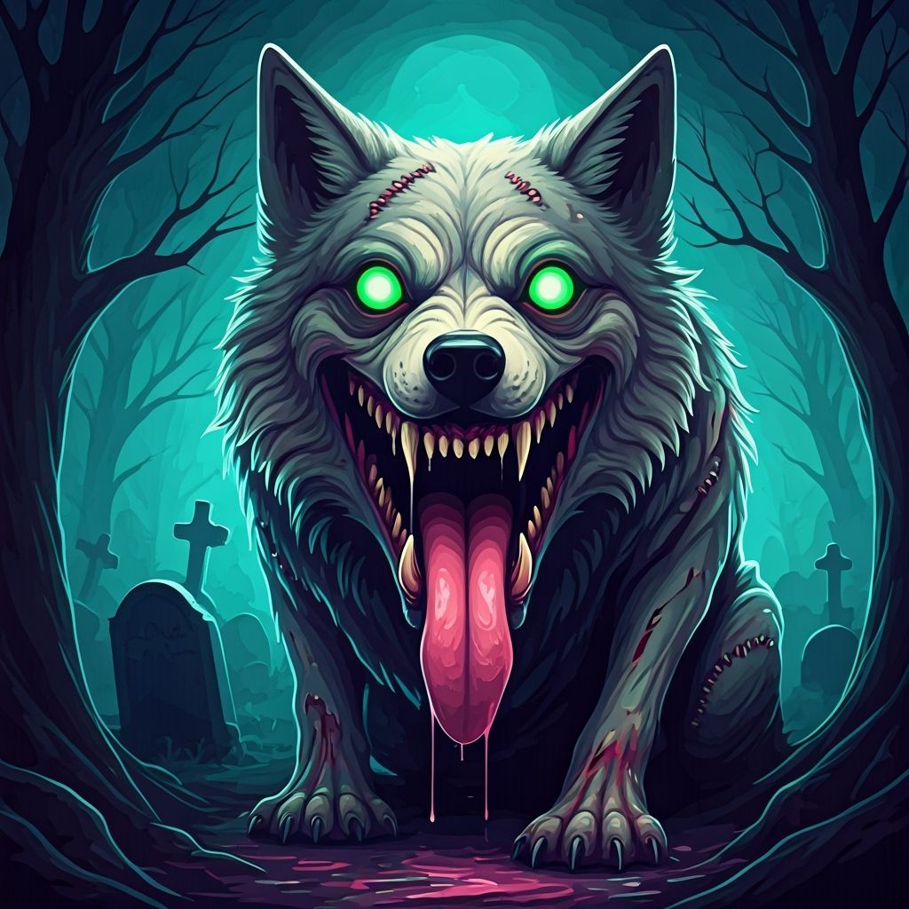 Nightmarish Zombie Dire Wolf in Watercolor Style