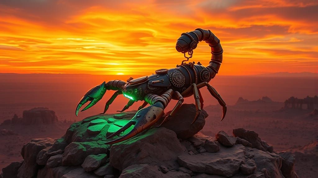 Steampunk Scorpion with Neon Glow Over Desert Mesa