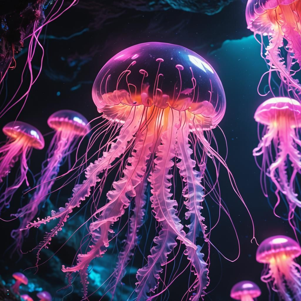 Neon Jellyfish in Underwater Cave: Synthwave Aesthetic