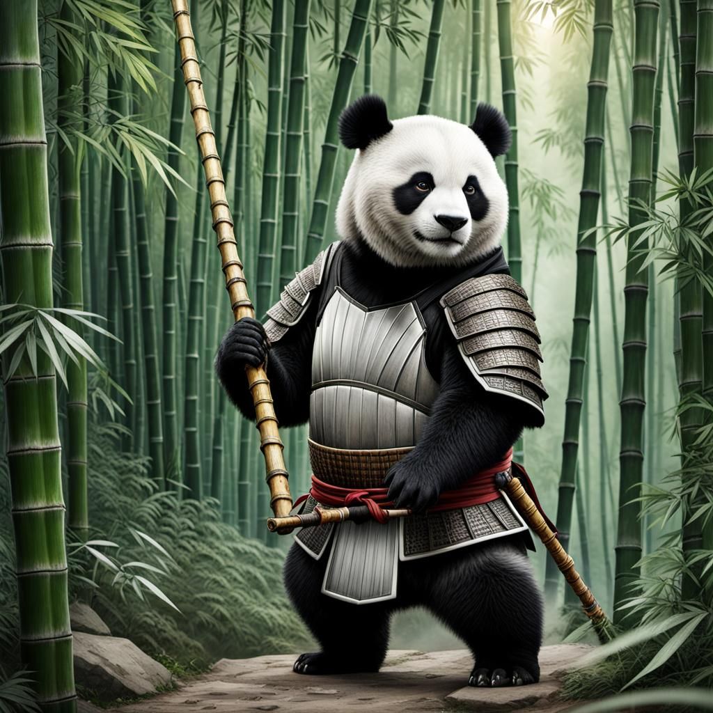 view of a samurai panda holding a bamboo staff, samurai armor, superhero body, Marvel style, mega detailed, insanely det...