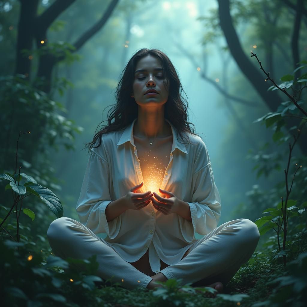 Serene Woman Meditating in Lush Fantasy Forest