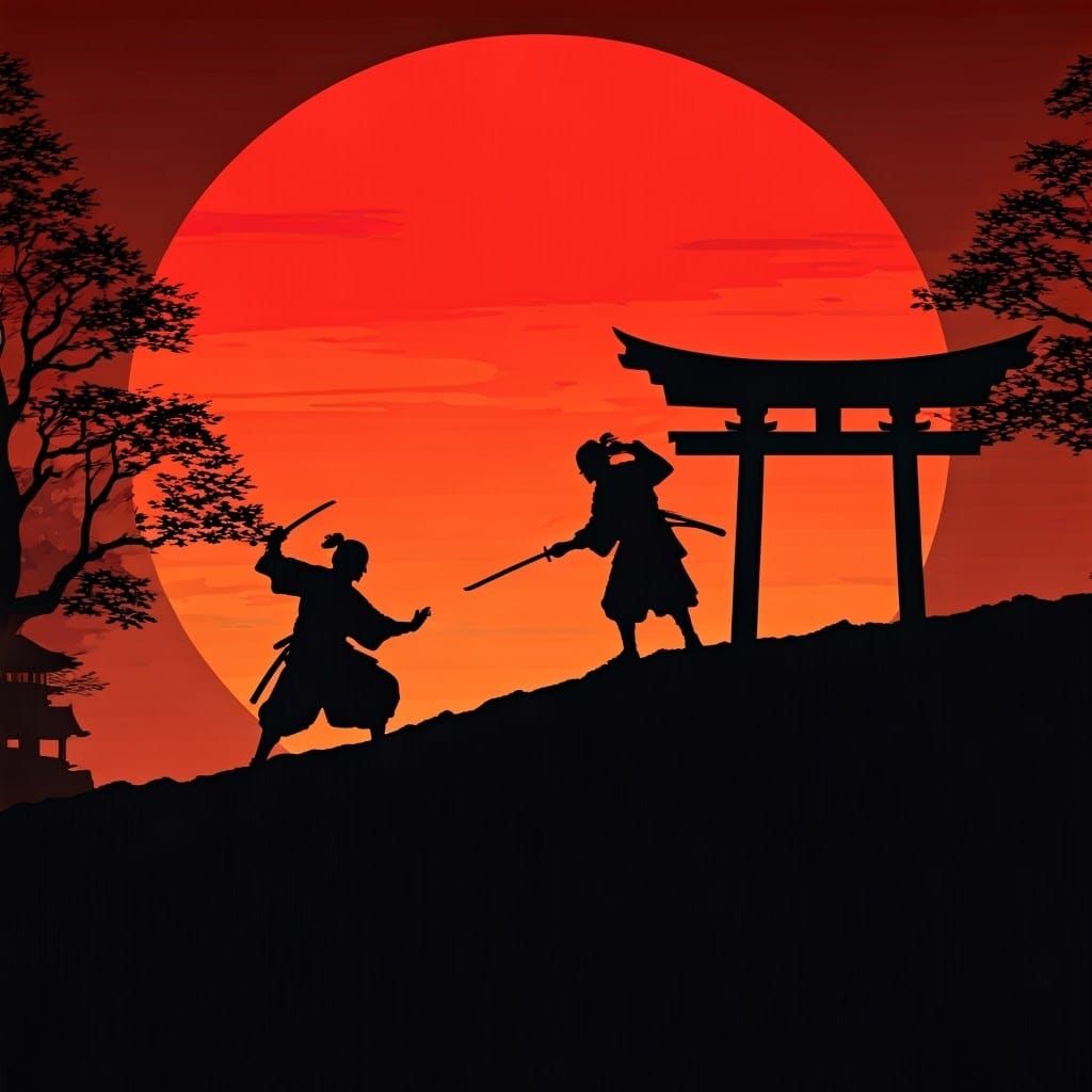 Samurai in Sunset Silhouette Art