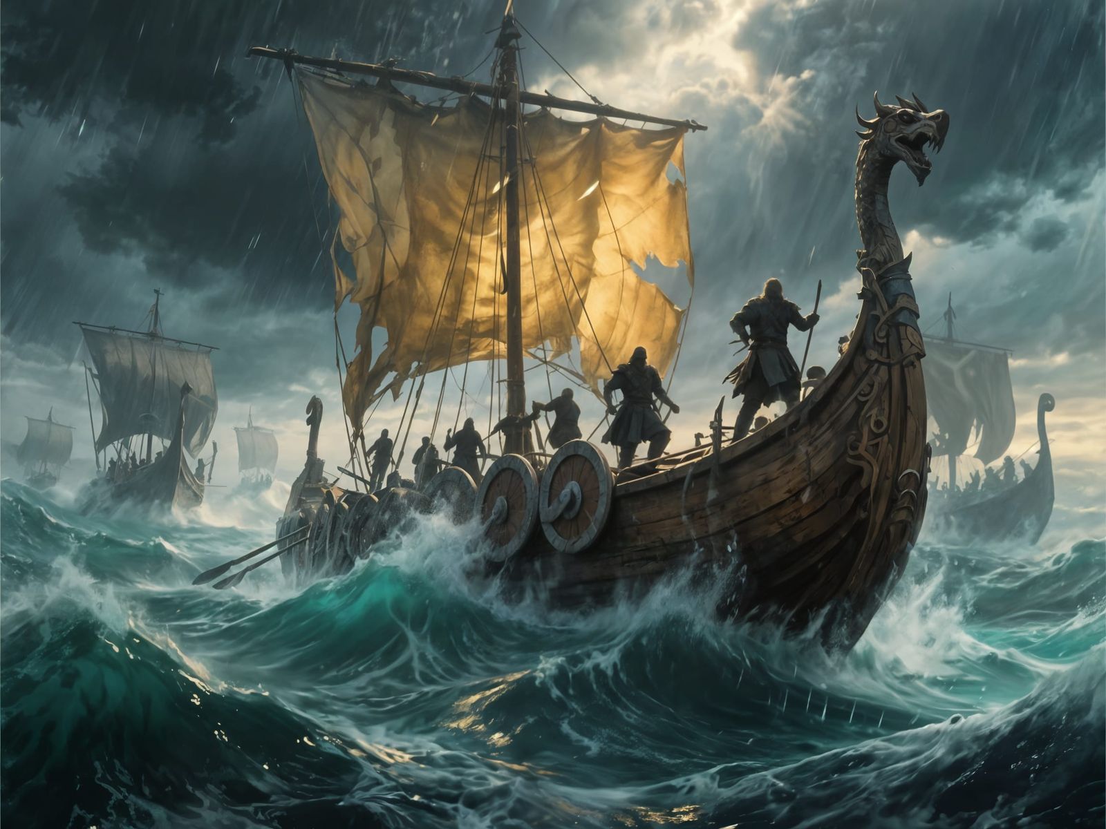 Viking Longships in Epic Storm, Digital Painting