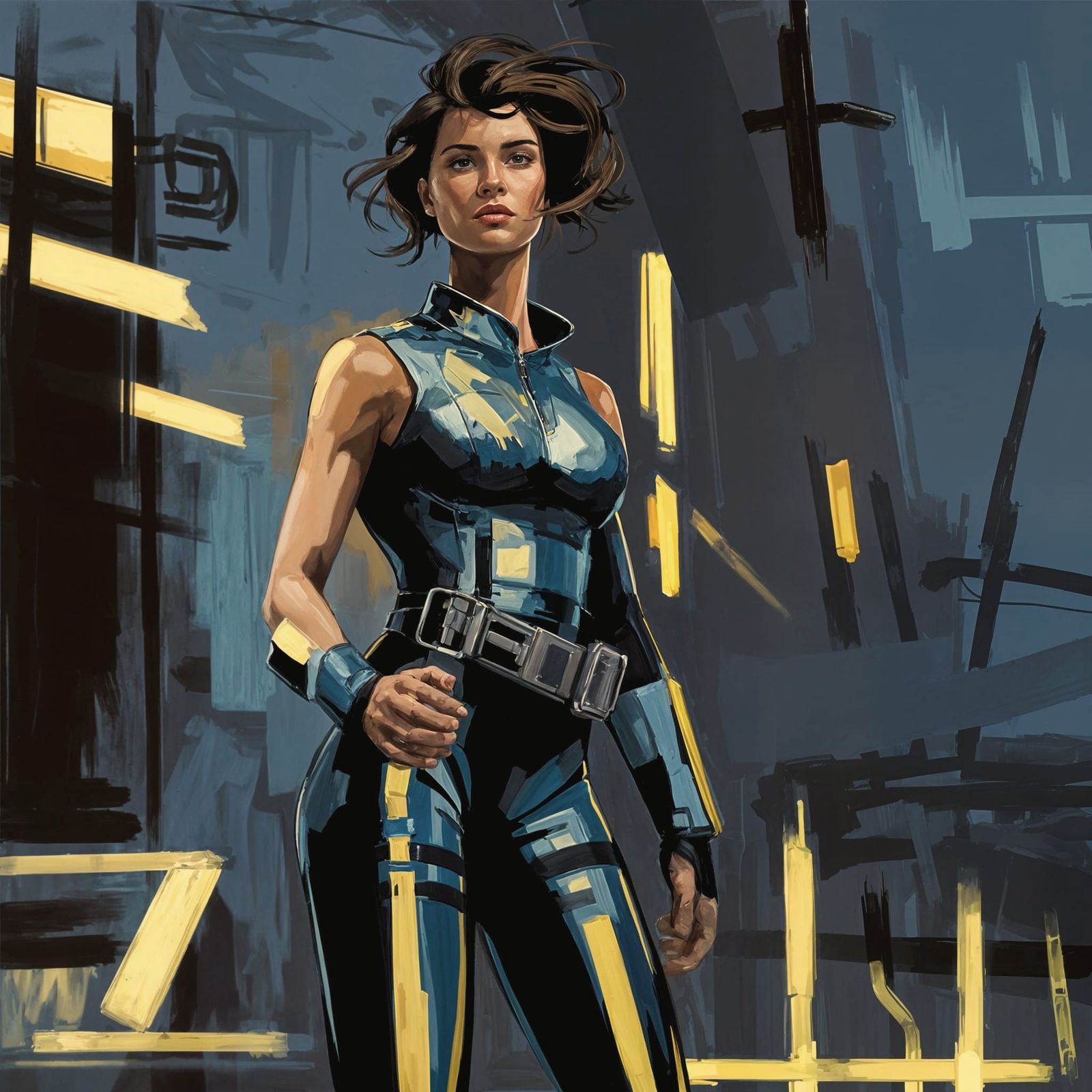 Futuristic Space Agent in Industrial Corridor