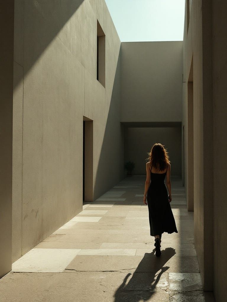 Woman in Quiet Street with Geometric Shadows