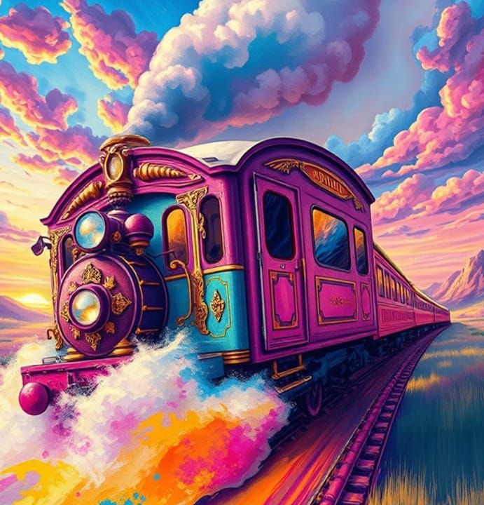 Surreal Watercolor Train Speeds Through a Vibrant Landscape