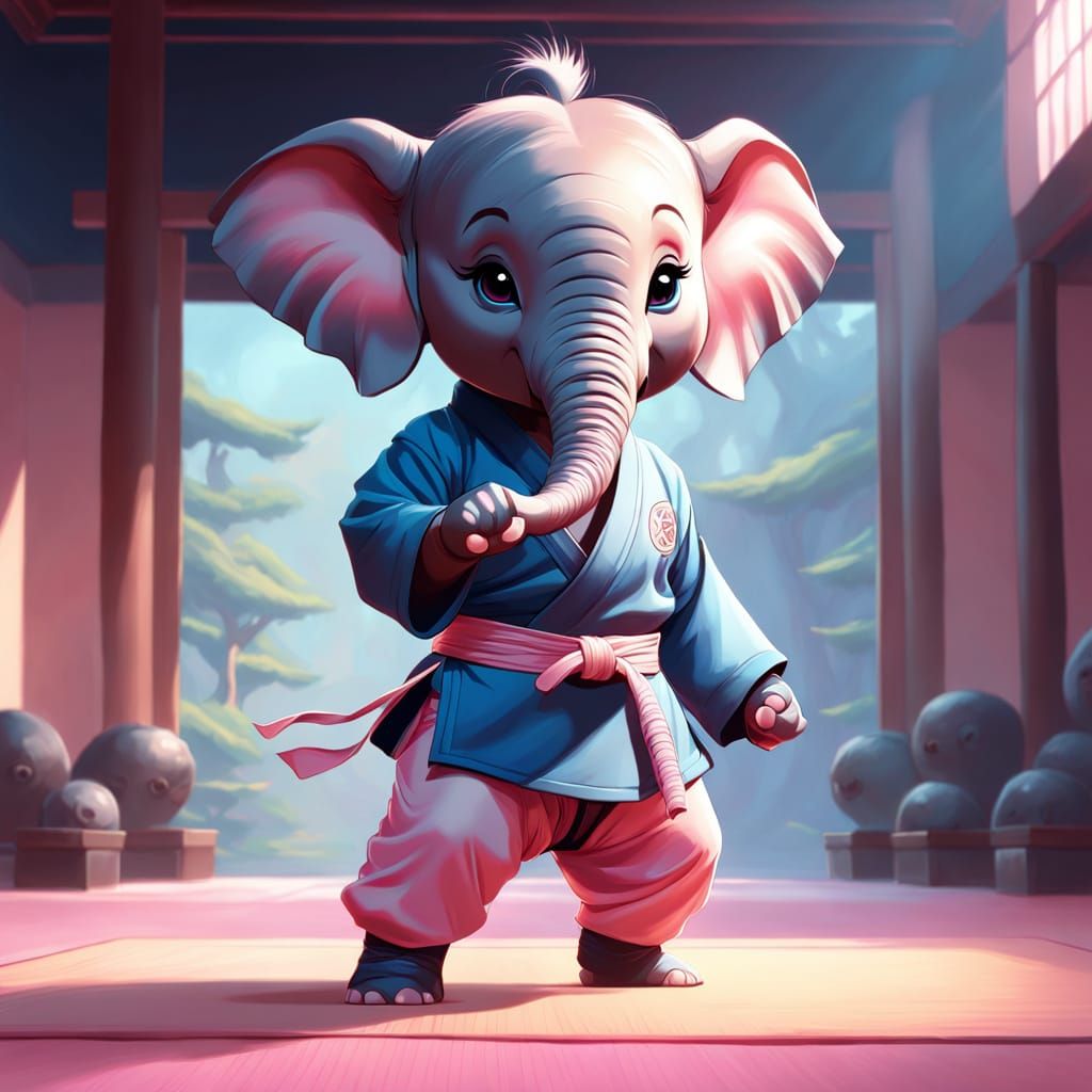 Chibi Elephant Practicing Kata in Sunlit Dojo