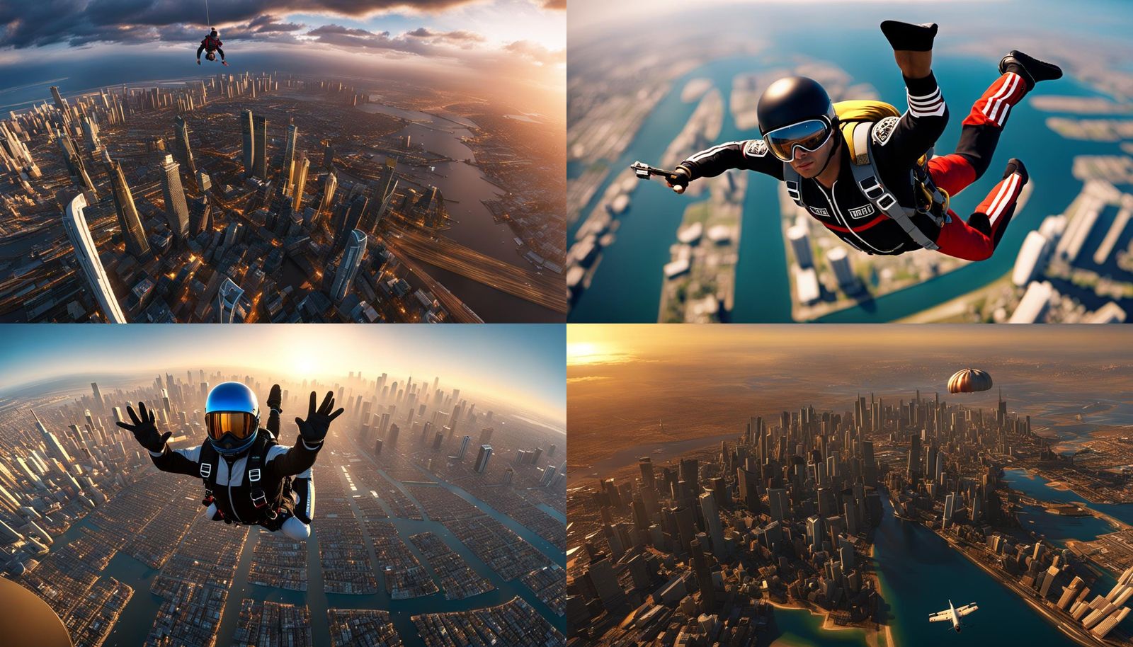 Metaverse Skydiver Over Floating Cities at Golden Hour