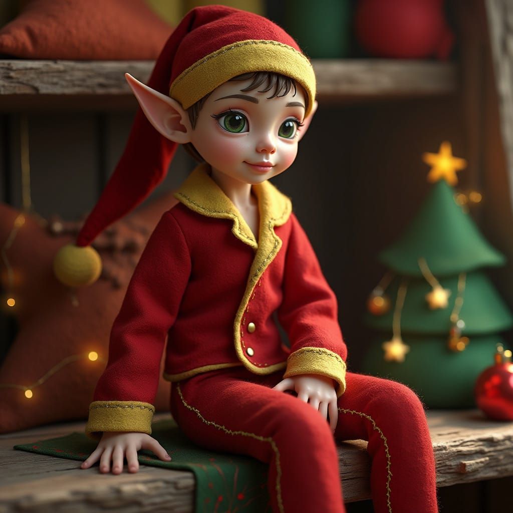 Regal Male Elf in Vibrant Red Pajamas and Felt Fabric Backgr...