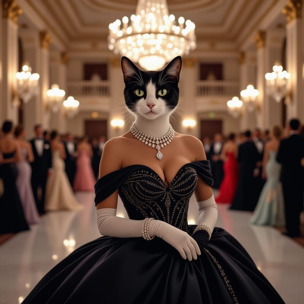 Glamorous Cat at 1950s Gala in Classic Hollywood Style
