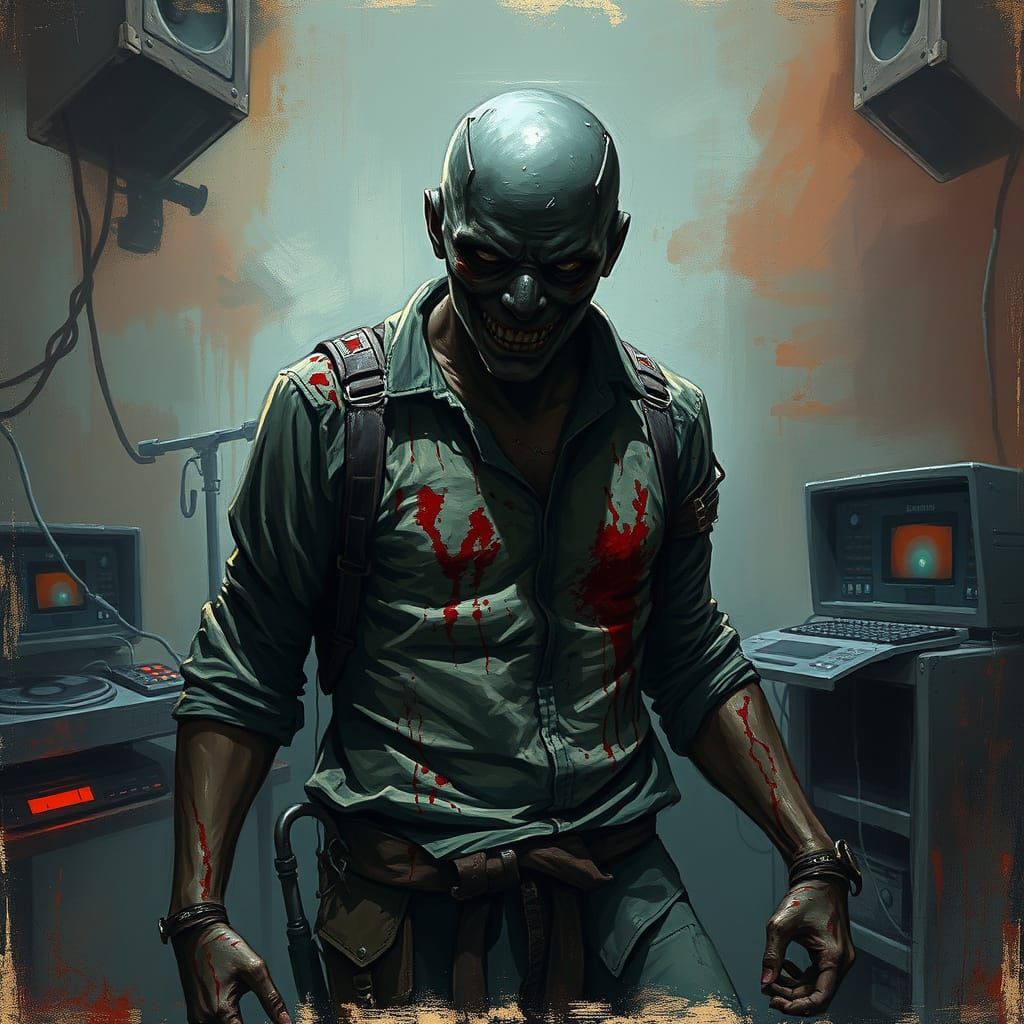 Eerie Dark Figure in Industrial Horror Style