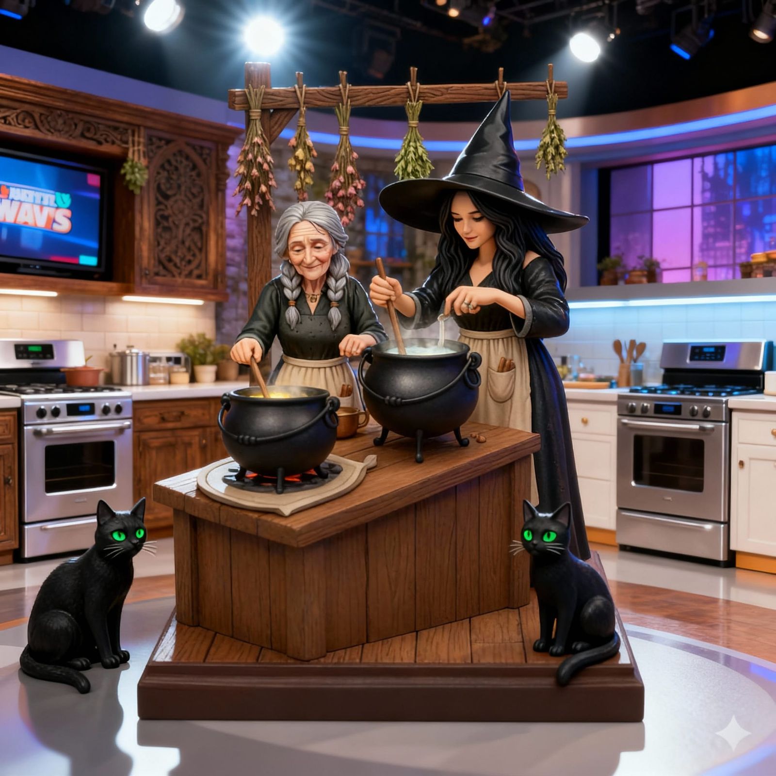 Witches' Cooking Show Figurines in TV Kitchen