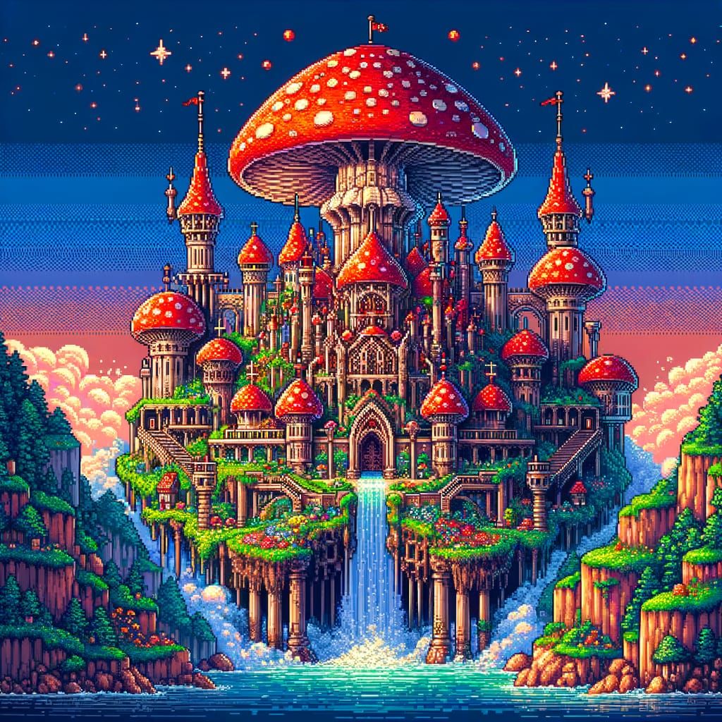 Magical Mushroom Kingdom in 8-Bit Pixel Art