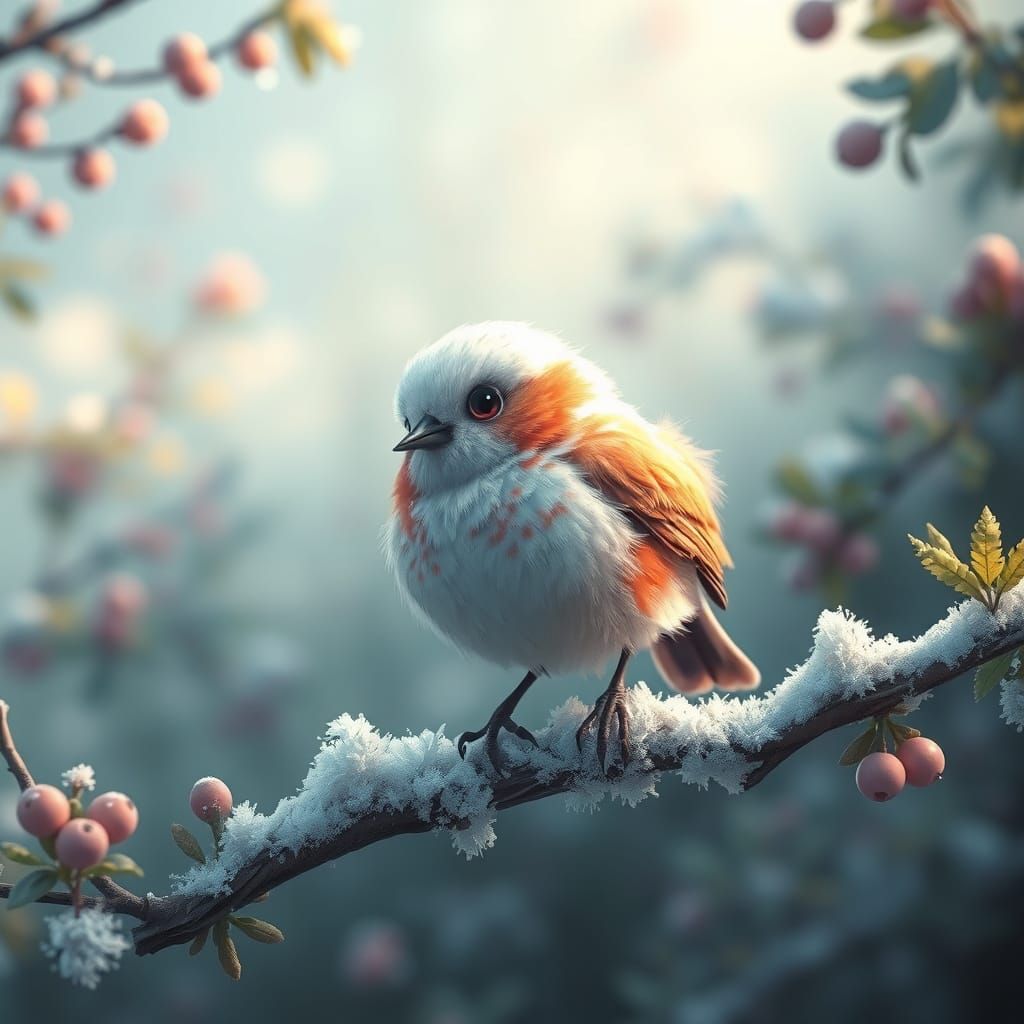 Snowball Shima Enaga Bird on Frosty Branch