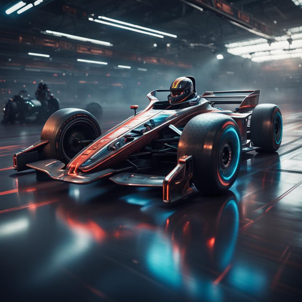 Cyborg Robot Races Futuristic F1 Car