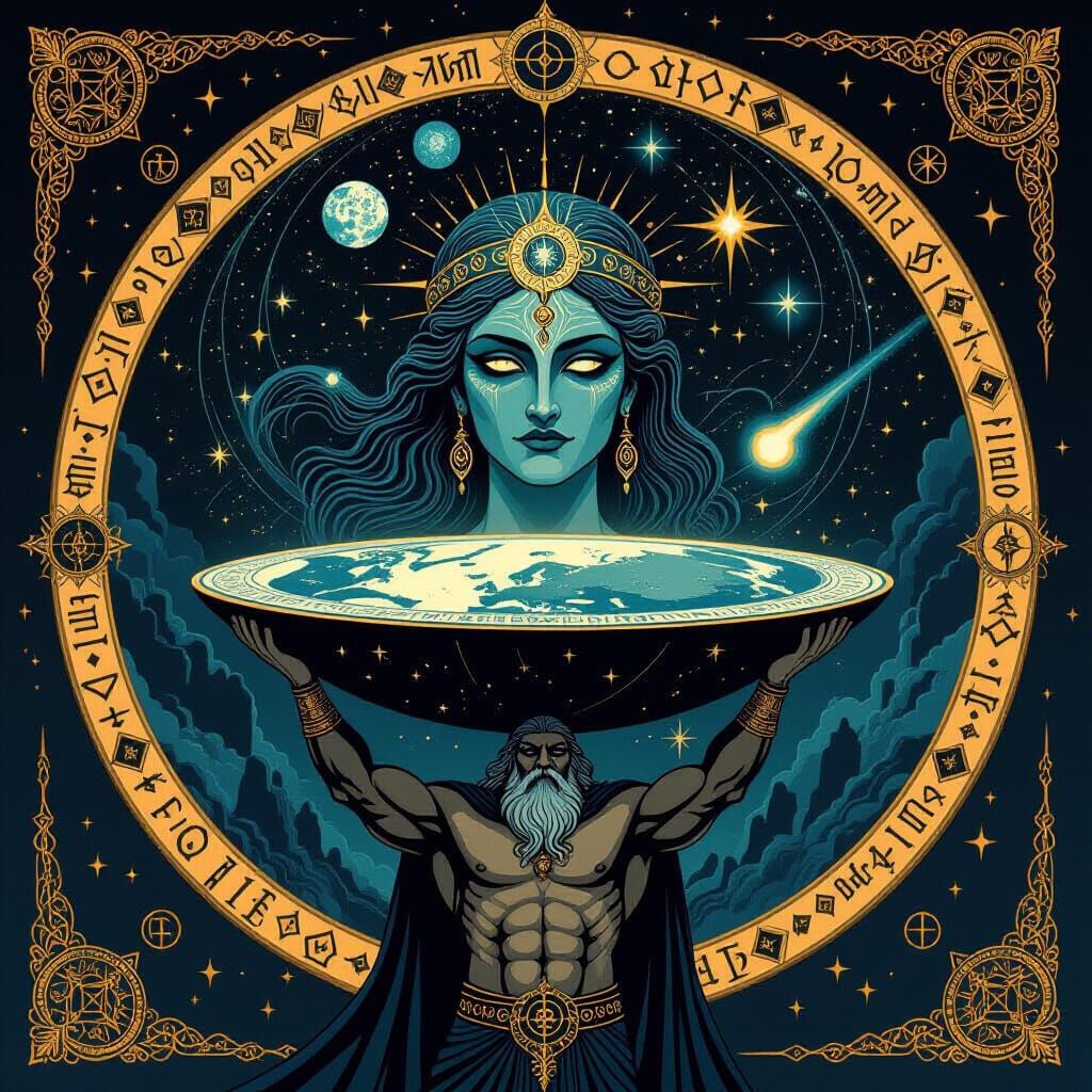 Flat Earth Held By Atlas Under Tiamat's Gaze