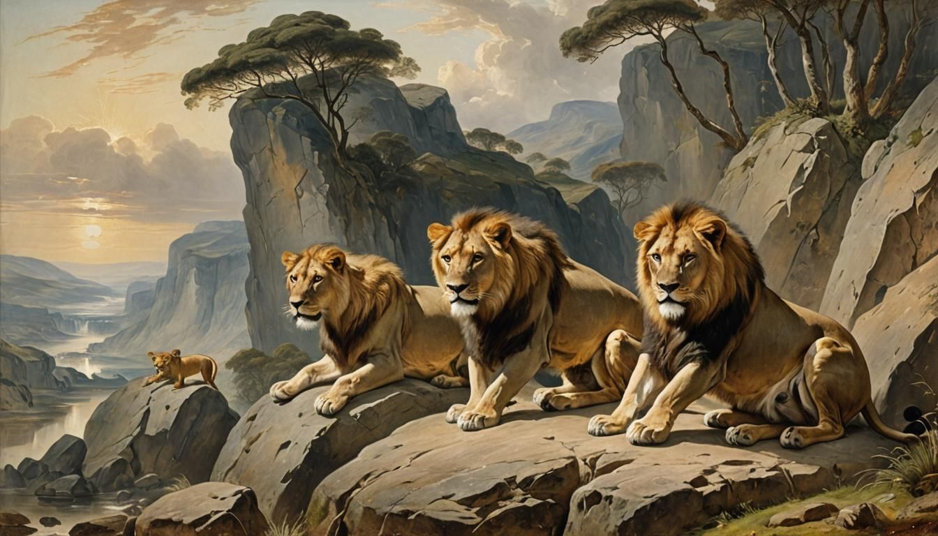 Lions in a Dramatic Landscape