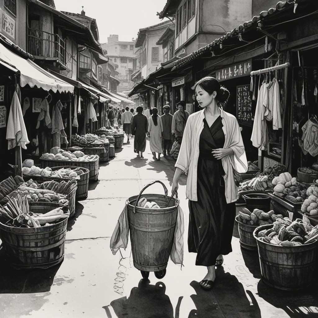 Elegant Woman Navigates Bustling Oriental Market Scene