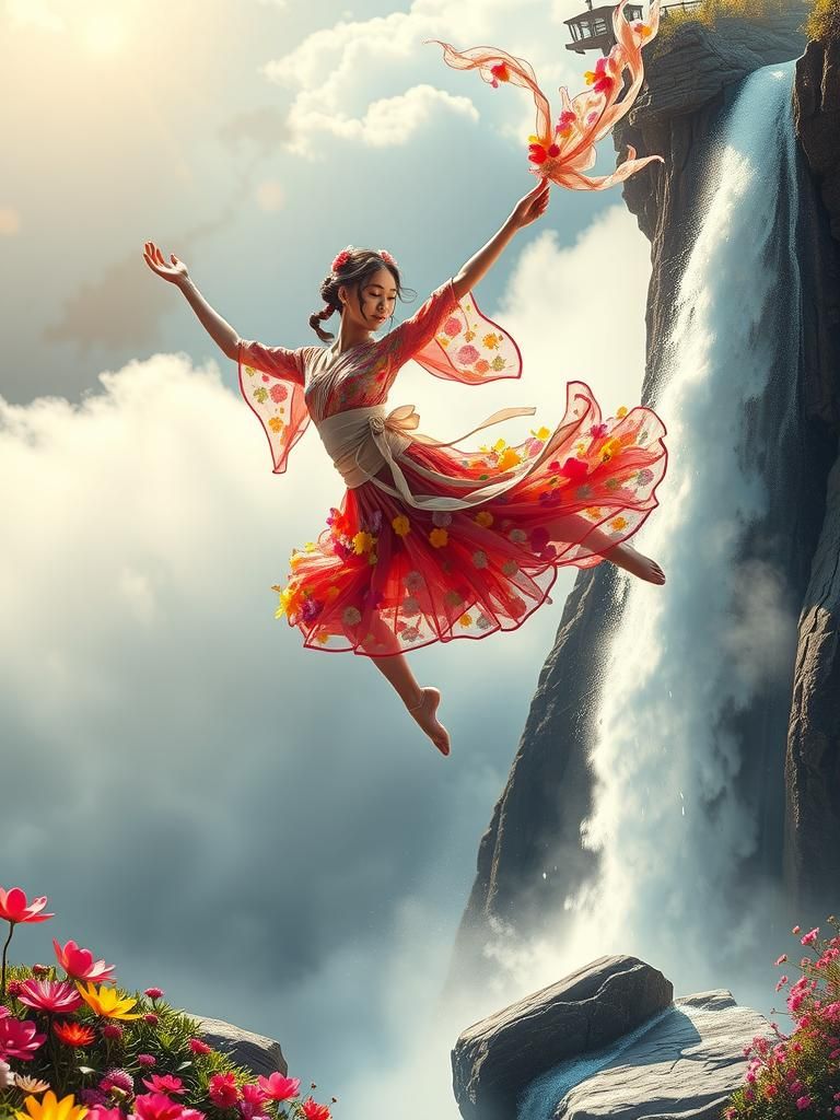 Floral Miko Dances Above Waterfall in Sunlight