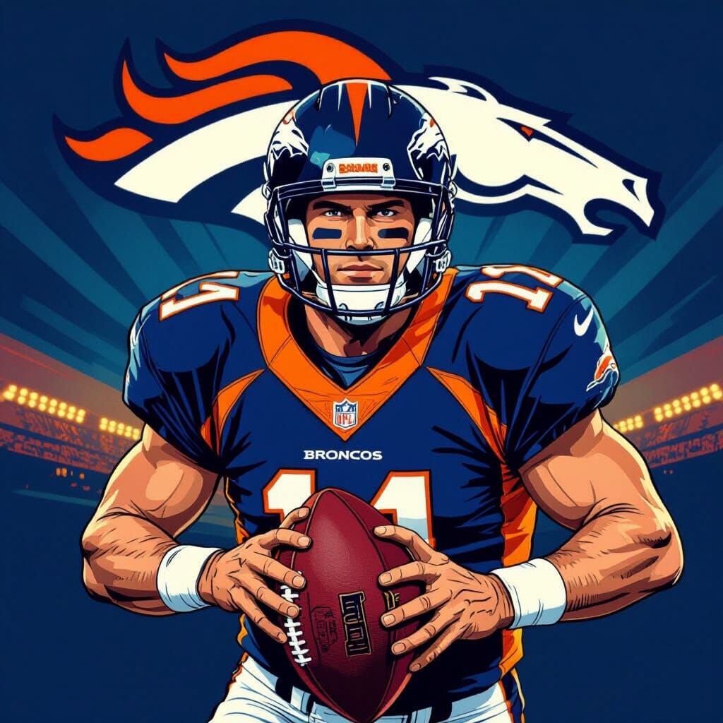 John Elway in Broncos Gear with Football and Logo