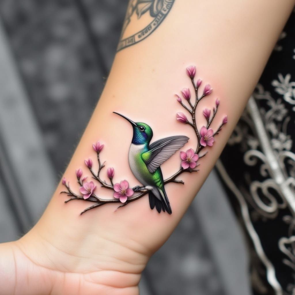 Delicate Hummingbird Tattoo with Soft Pink Blossoms in 3D