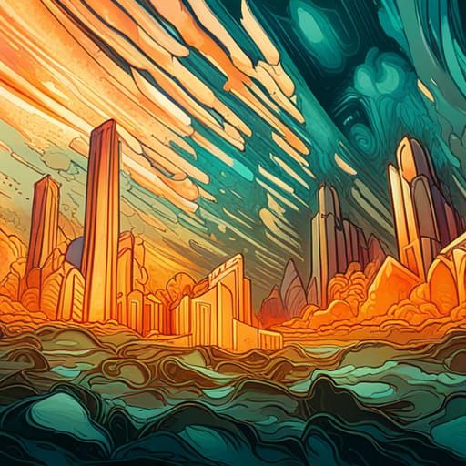 Surreal Art Deco Landscape in Digital Watercolor