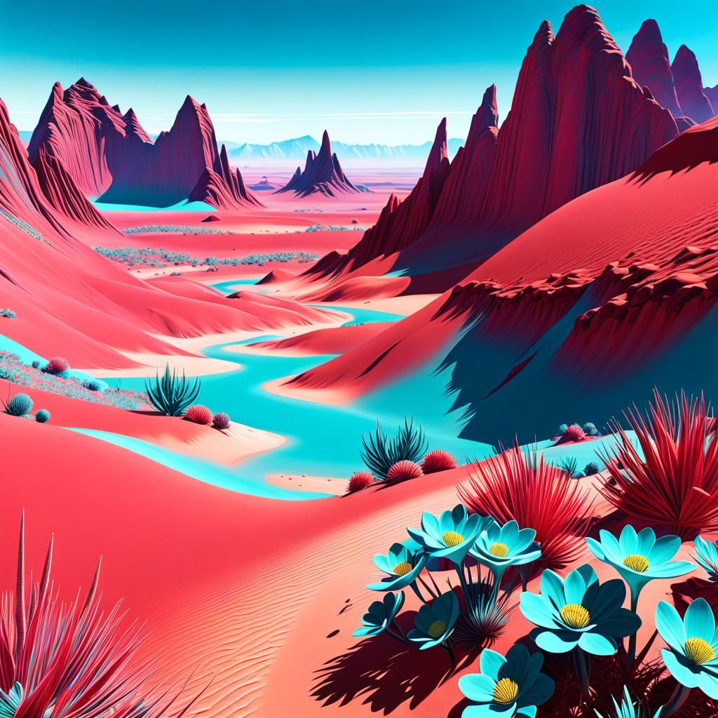 Surreal Alien Planet with Red Desert and Teal Oasis