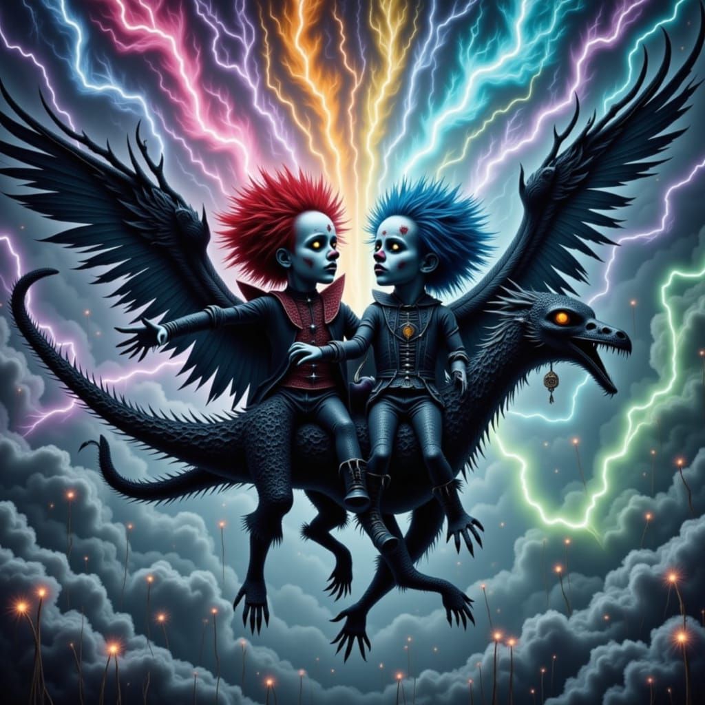 <lora:Psychopomp:1.0> A legion of chibi goth clowns riding d...