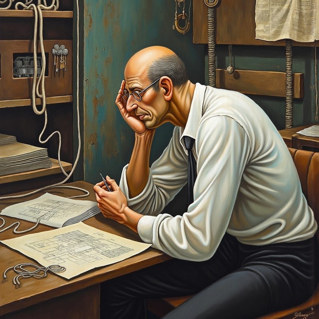 Inventor Contemplates Master Plan in Futuristic Steampunk St...