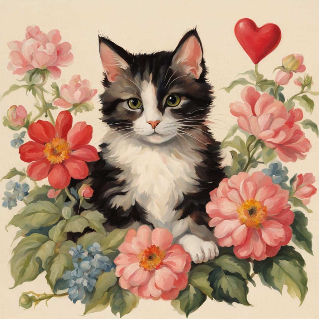 Vibrant Floral Scene with a Whimsical Feline Companion in a...