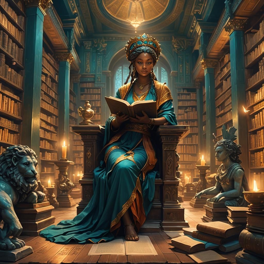 Poetess in Mystical Library: Fantasy Art
