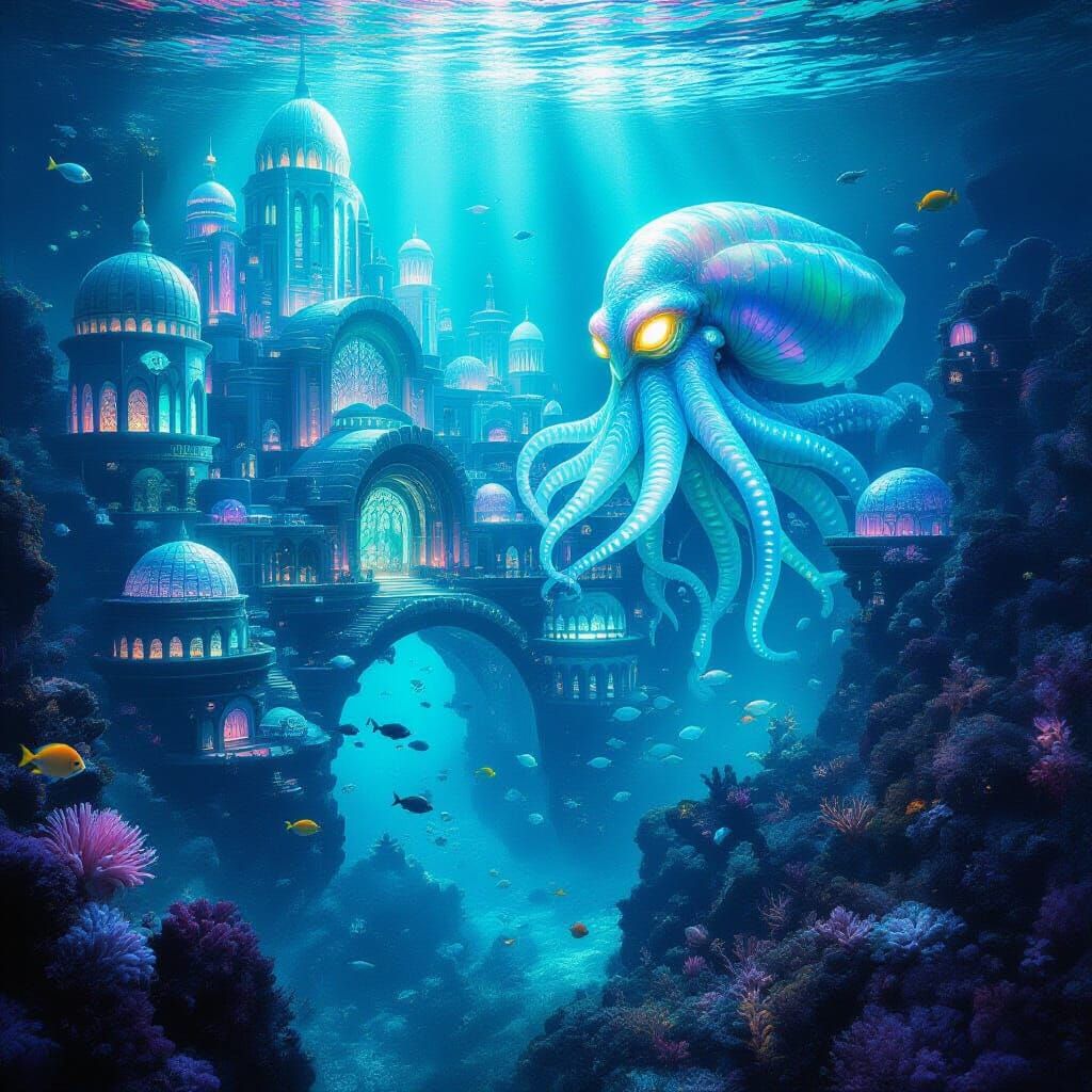 Bioluminescent Underwater City Guarded by Kraken