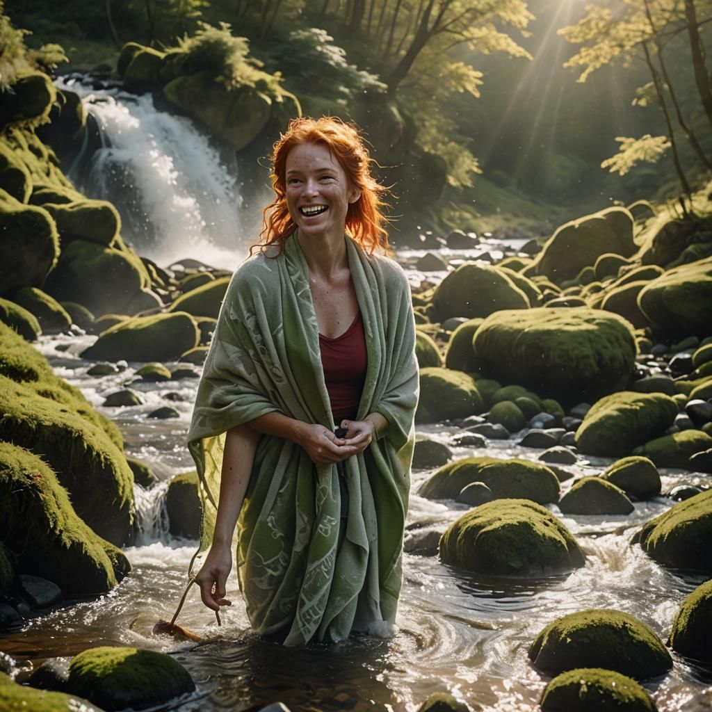 Cinematic Woman Washing Hair in Mountain Stream