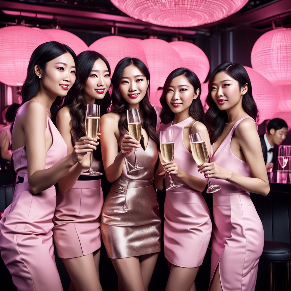 Asian Women Celebrate in Pink: Photorealistic Nightclub Scen...