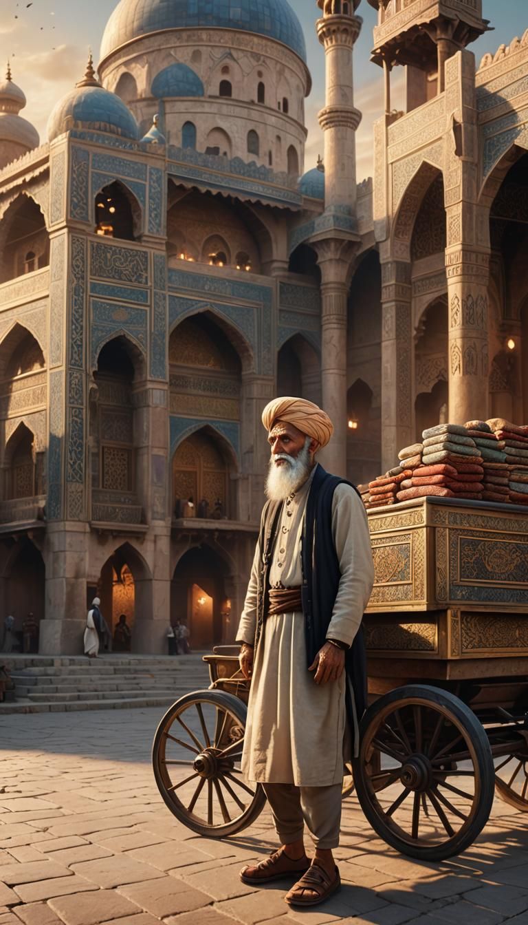 Old Man with Trading Cart at Ancient Mosque